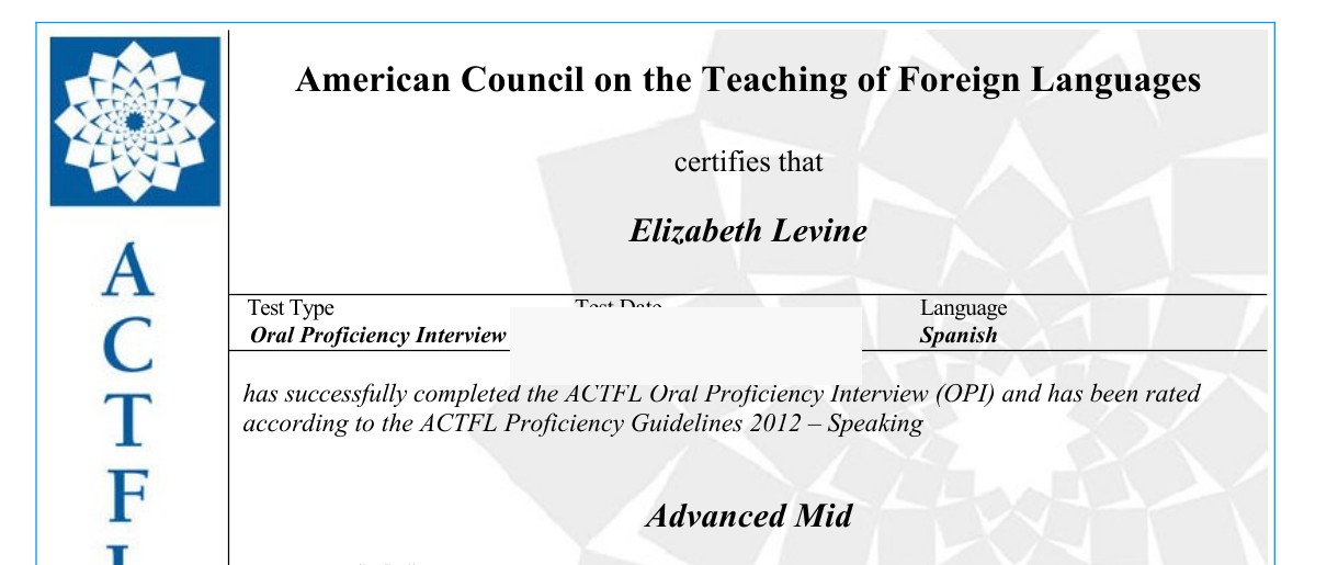 Redacted ACTFL Spanish proficiency document showing Elizabeth Levine and an Advanced Mid rating