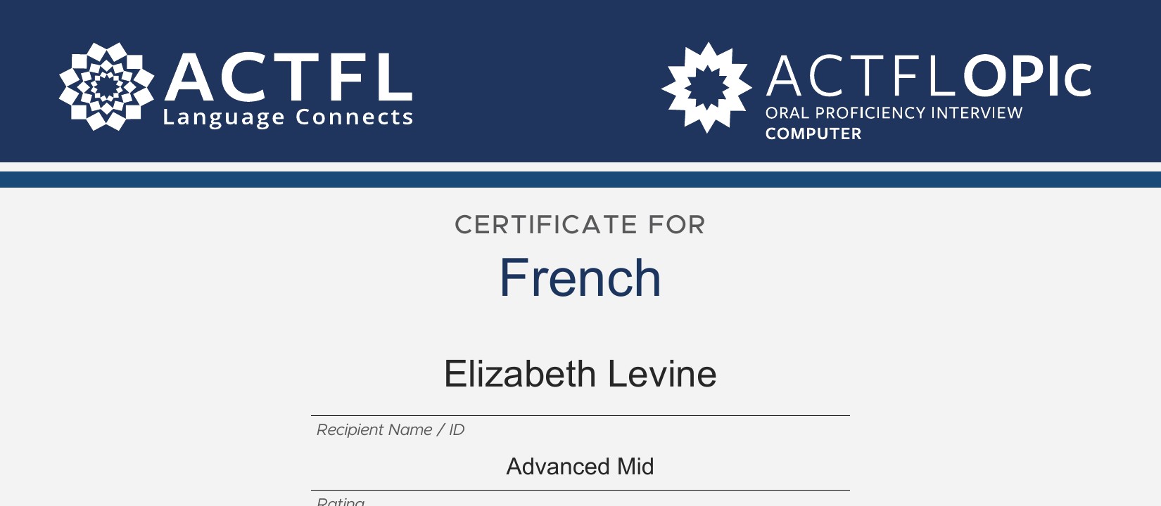 Redacted ACTFL French proficiency document showing Elizabeth Levine and an Advanced Mid rating