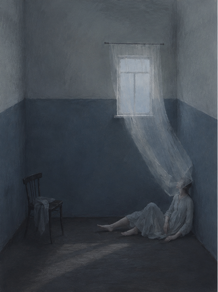 A painting of a person seated on the floor of a blue-gray room beside a wooden chair, with a sheer curtain extending from the window over their head.