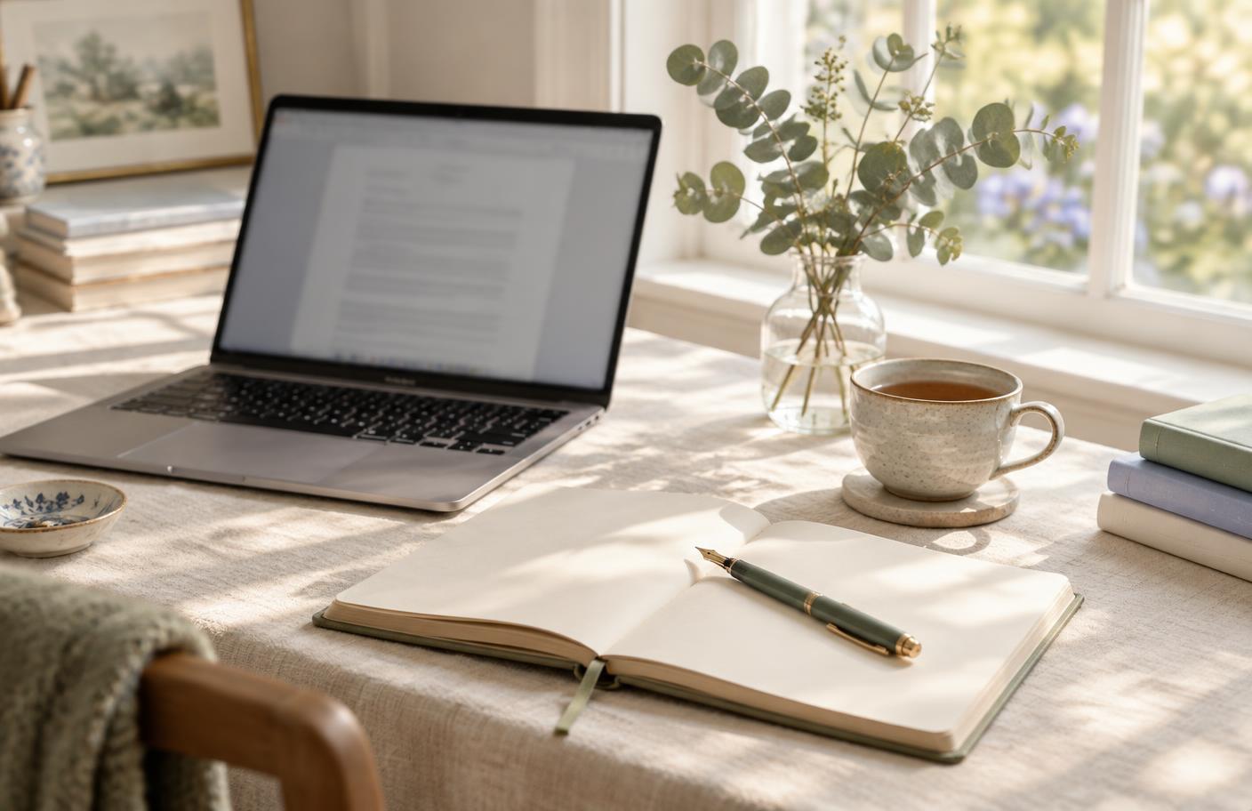 A laptop, open notebook, fountain pen, and cup of tea on a sunlit writing desk