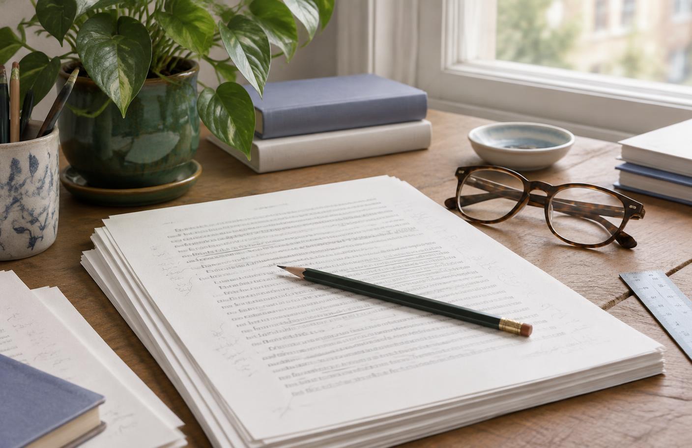 An editor’s desk with a manuscript, pencil, reading glasses, and an emerald plant