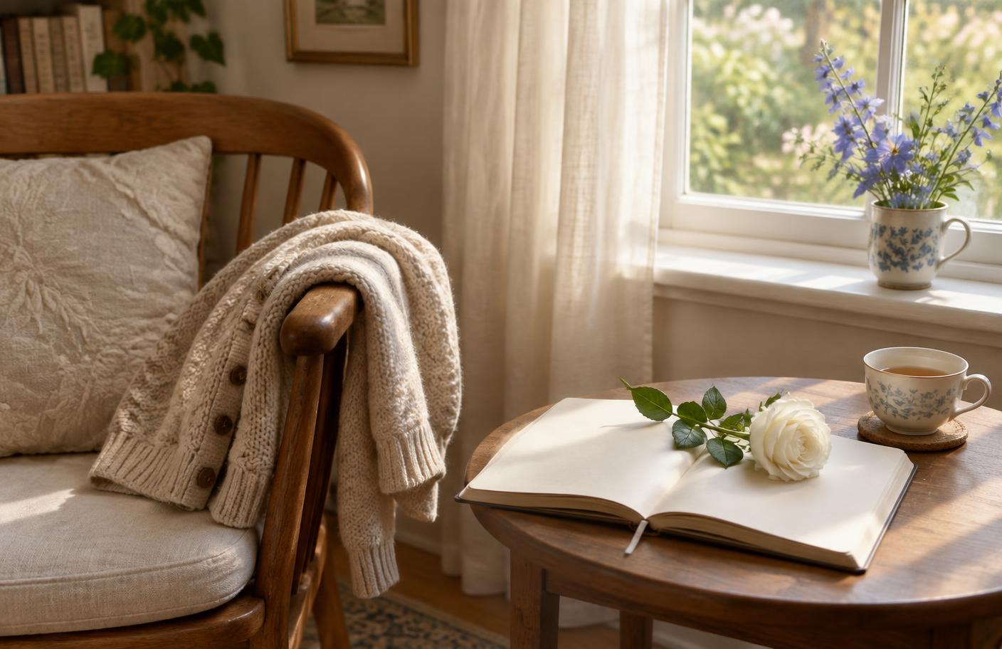 An empty armchair with a folded cardigan beside a table holding an open journal and a single white rose