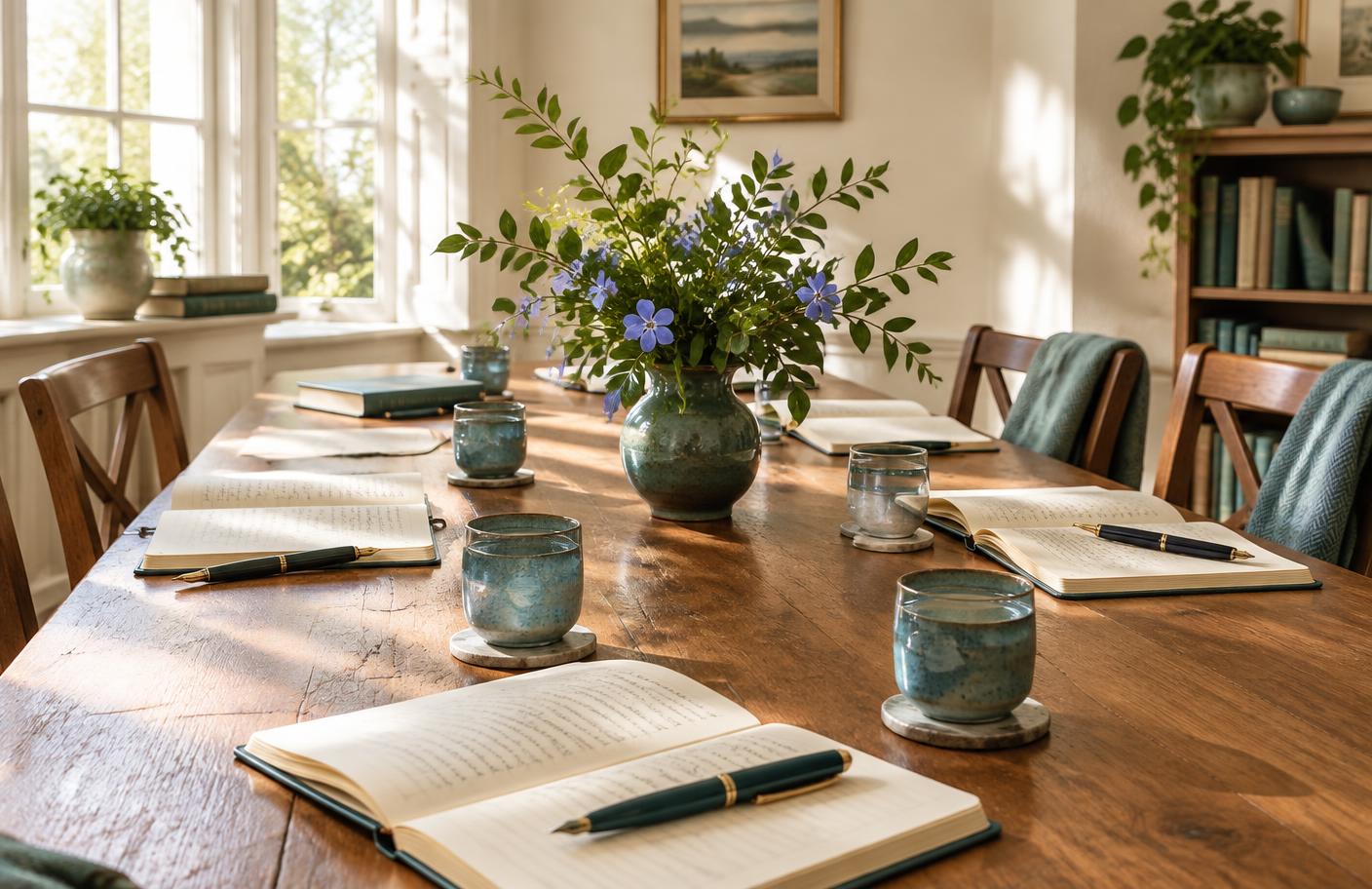 A sunlit table set for a small writing group, with open notebooks, fountain pens, and a vase of periwinkle flowers
