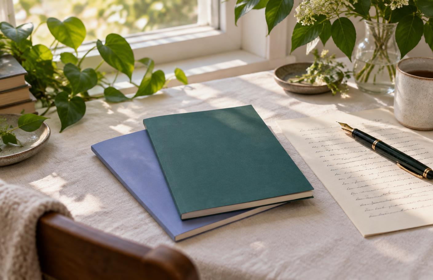 Two unmarked poetry chapbooks, a manuscript, and a pen by a sunlit window